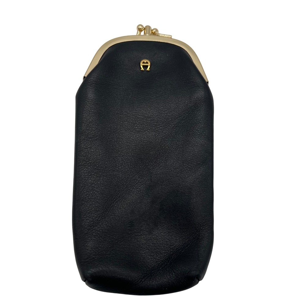 VTG Etienne Aigner Black Leather Double Kiss-Lock Case - Dual Compartment Purse